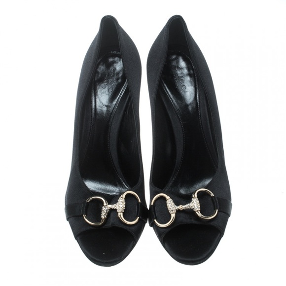 Gucci Black Satin Crystal Horsebit Open Toe Pumps - Picture 3 of 4
